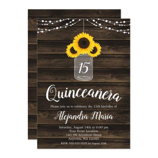 Rustic Sunflower String Lights Quinceanera Invites
