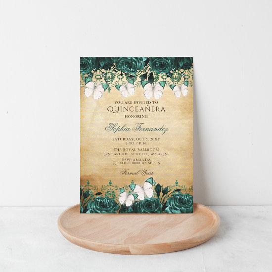 Rustic Vintage Green Floral Butterfly Quinceañera