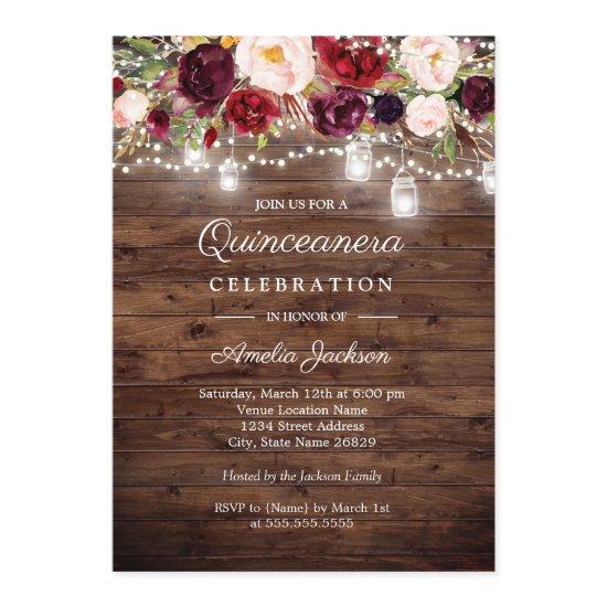 Rustic Wood Burgundy Floral Lights Quinceanera