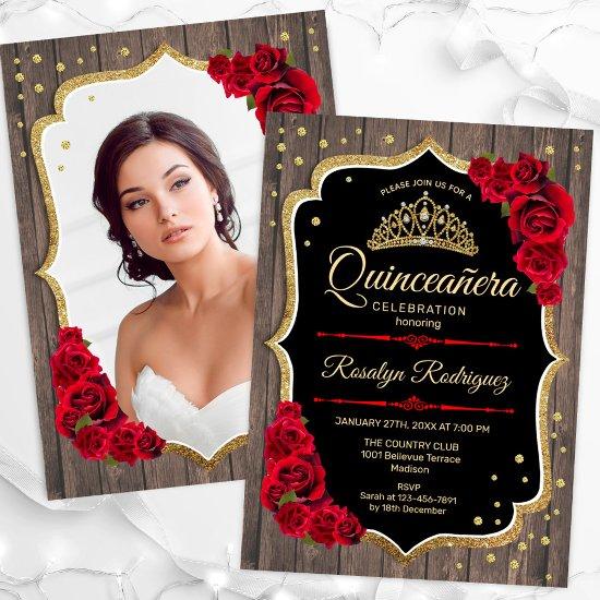 Rustic Wood Gold Red Photo Quinceanera