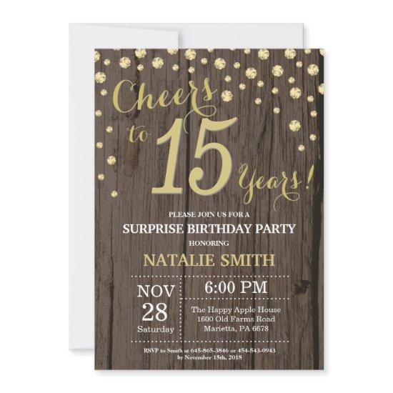 Rustic Wood Gold Surprise 15th Birthday Diamond