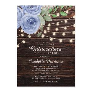 Rustic Wood String Lights Blue Floral Quinceañera