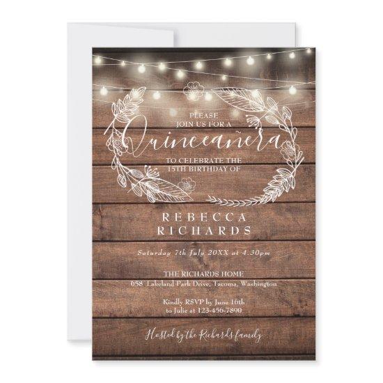 Rustic Wood String Lights Script Quinceañera 15th