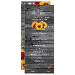 Rustic Wood Sunflower and Red Rose Wedding Menu