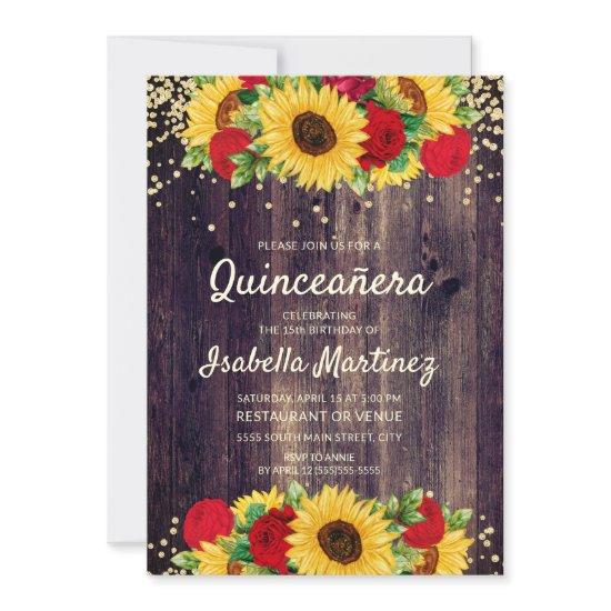 Rustic Wood Sunflowers Red Roses Quinceañera