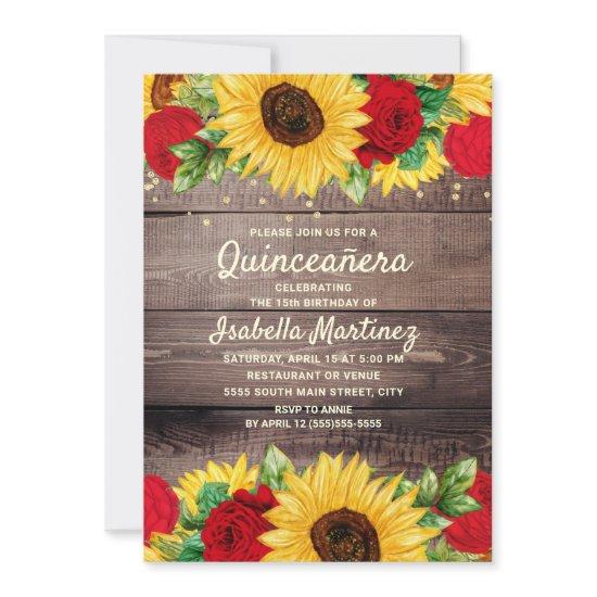 Rustic Wood Sunflowers Red Roses Quinceañera