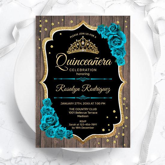 Rustic Wood Teal Gold Quinceanera