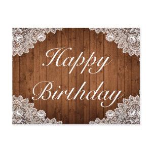 Rustic Wood & White Lace Happy Birthday Greeting Announcement Postcard