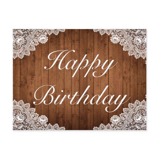 Rustic Wood & White Lace Happy Birthday Greeting Announcement Postcard