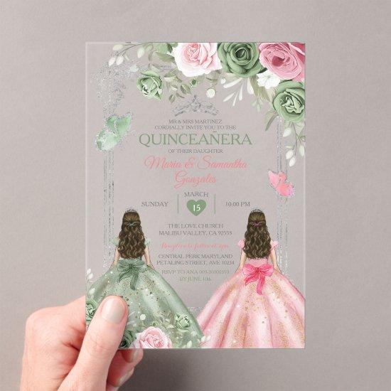 Sage Green And Pink Twin Quinceañera Butterfly Acrylic