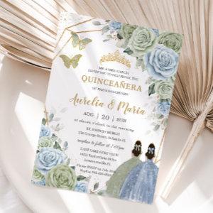 Sage Green Baby Blue Floral Twins Gold Quinceañera