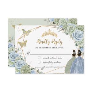 Sage Green Baby Blue Floral Twins Gold Quinceañera RSVP Card
