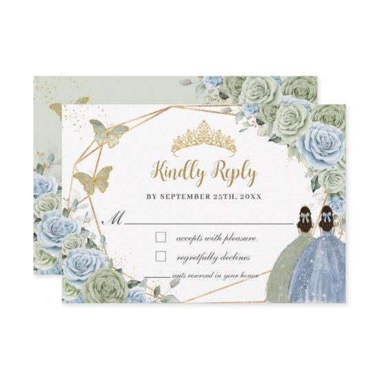 Sage Green Baby Blue Floral Twins Gold Quinceañera RSVP Card