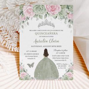 Sage Green Baby Pink Floral Silver Quinceañera