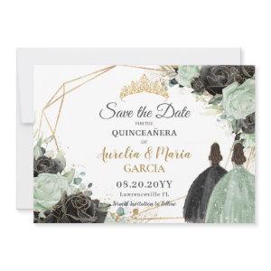 Sage Green Black Floral Twins XV Quinceañera Save The Date