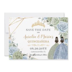 Sage Green Blue Floral Twins Quinceanera Sweet 16 Save The Date