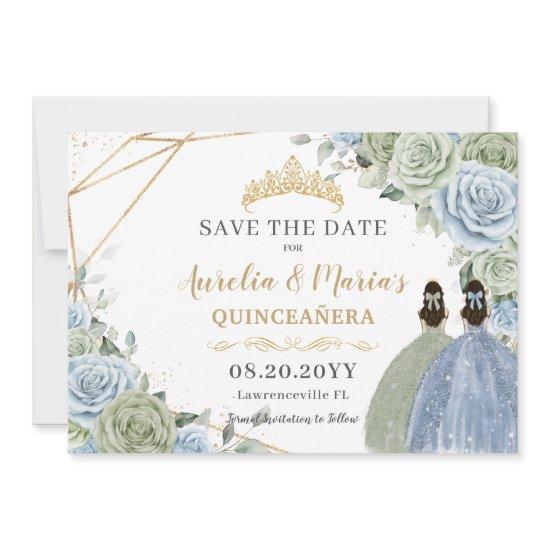 Sage Green Blue Floral Twins Quinceanera Sweet 16 Save The Date