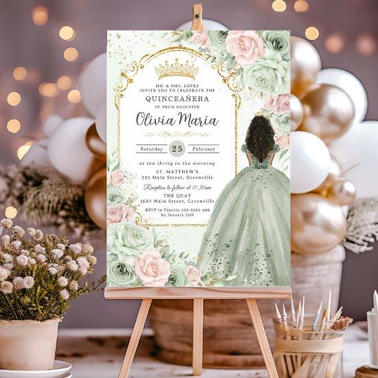 Sage Green Blush Floral Brown Girl Quinceañera