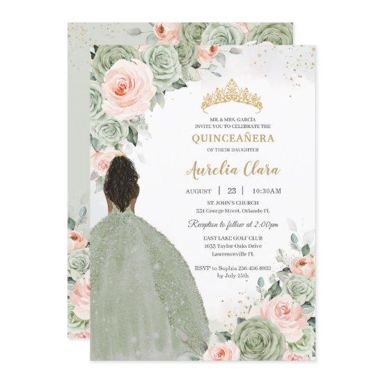 Sage Green Blush Floral Gold Quinceañera Sweet 16