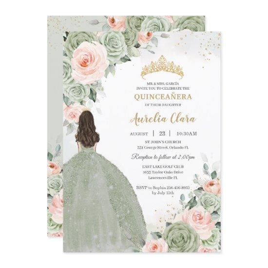 Sage Green Blush Floral Gold Quinceañera Sweet 16