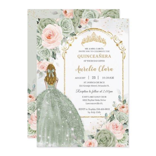 Sage Green Blush Floral Gold Quinceañera Sweet 16