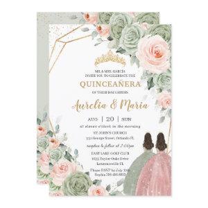 Sage Green Blush Floral Gold Quinceañera Twins
