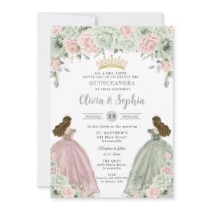 Sage Green Blush Floral Twin Girls Quinceañera