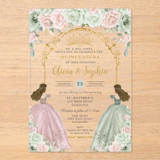 Sage Green Blush Floral Twins Gold Quinceañera  Acrylic