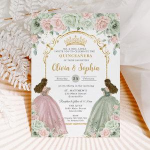 Sage Green Blush Floral Twins Gold Quinceañera