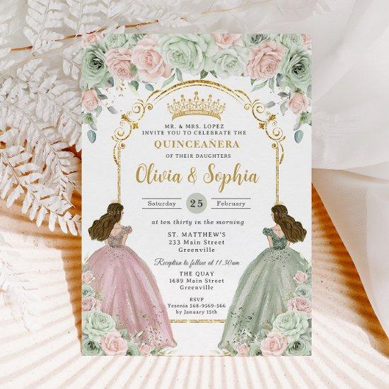 Sage Green Blush Floral Twins Gold Quinceañera