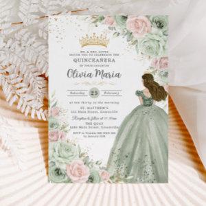 Sage Green Blush Pink Floral Princess Quinceañera