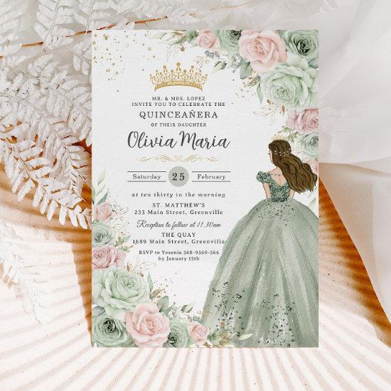 Sage Green Blush Pink Floral Princess Quinceañera