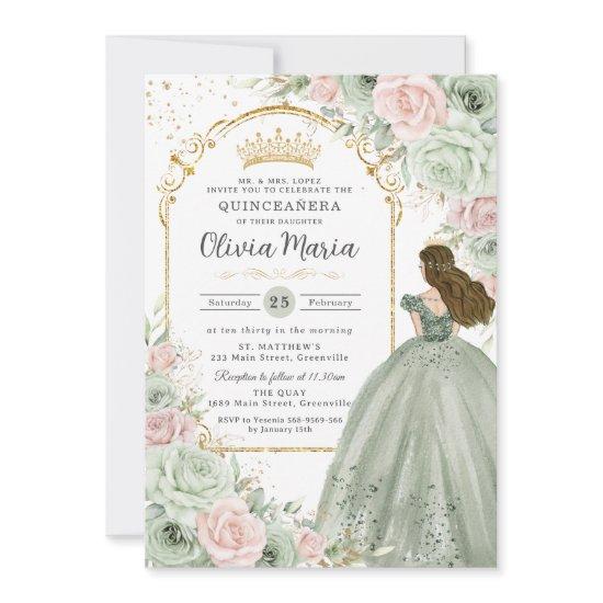 Sage Green Blush Pink Floral Princess Quinceañera