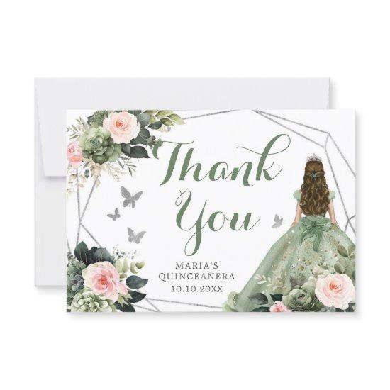 Sage Green Blush Pink Floral Quinceañera Thank You Card