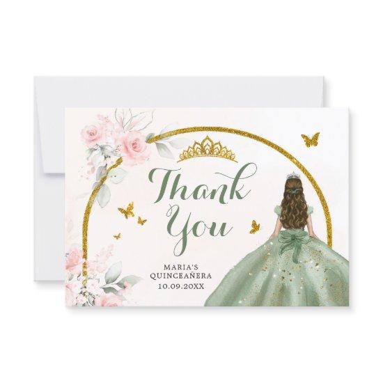 Sage Green Blush Pink Princess Quinceanera Thank You Card
