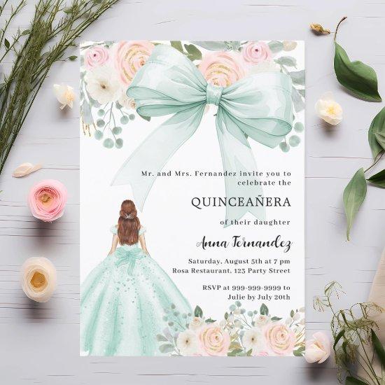 Sage green bow pink florals dress Quinceanera