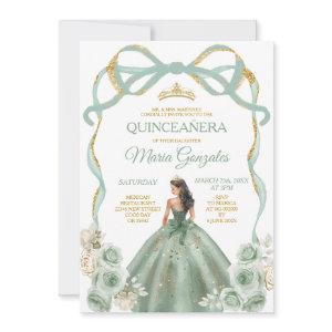 Sage Green Bow Princess Gold Crown Quinceañera