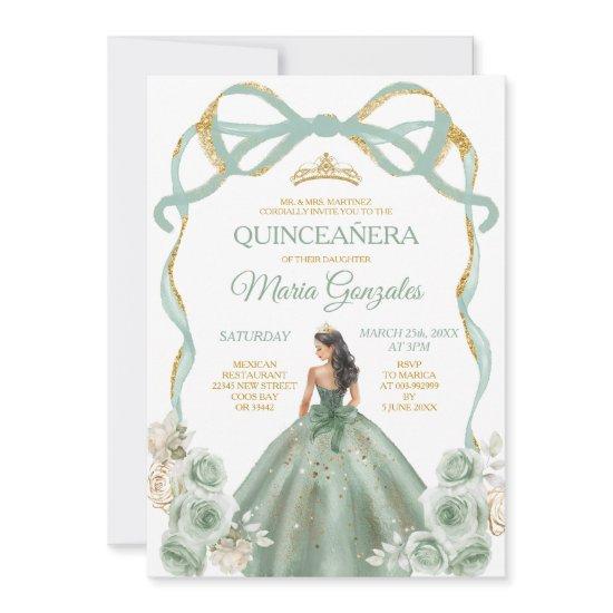 Sage Green Bow Princess Gold Crown Quinceañera