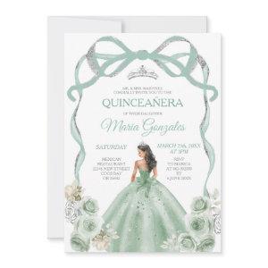 Sage Green Bow Princess Silver Crown Quinceañera