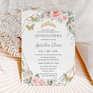 Sage Green Butterflies Pink Floral Quinceañera