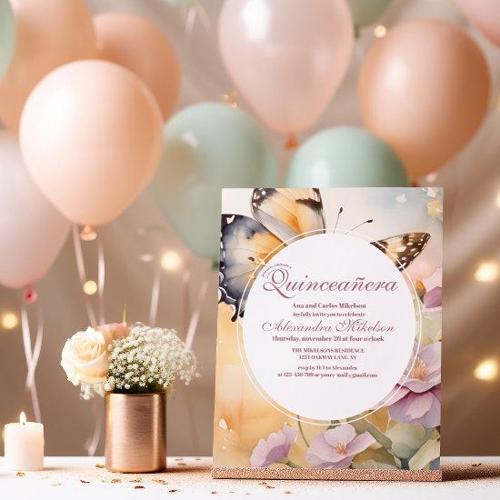 Sage Green Butterflies Pink Floral Quinceañera