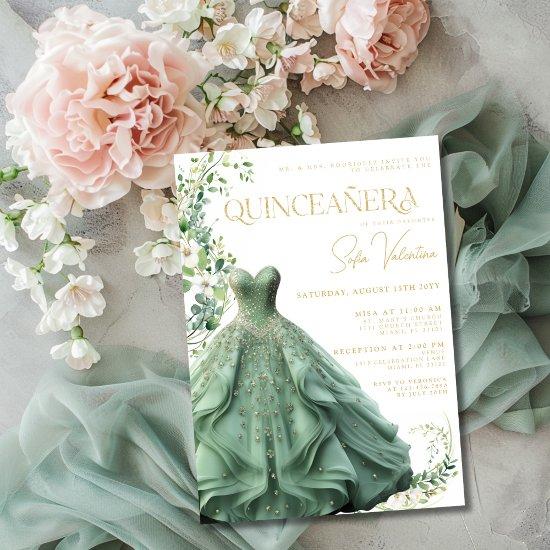 Sage Green Dress Gown Floral Princess Quinceañera