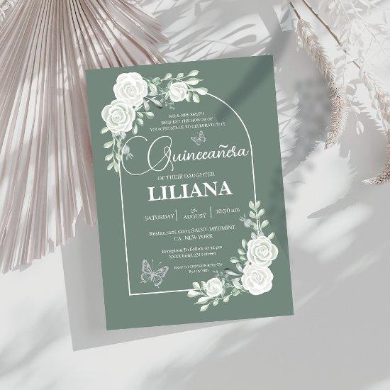 Sage Green Floral Arch and Butterflies Quinceañera