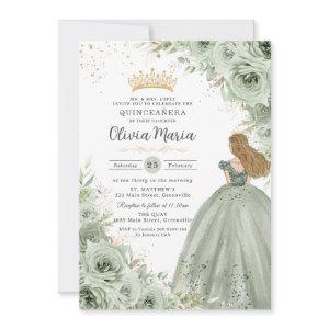 Sage Green Floral Blonde Princess Quinceañera