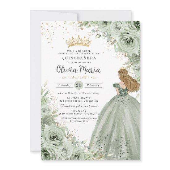 Sage Green Floral Blonde Princess Quinceañera