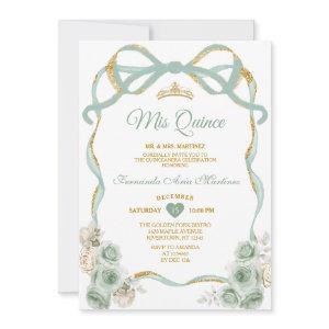 Sage Green Floral Bow Ribbon Gold Crown Mis Quince