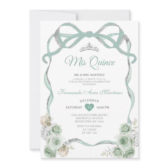 Sage Green Floral Bow Ribbon Silver Mis Quince