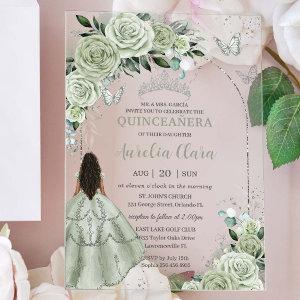 Sage Green Floral Brown Girl Silver Quinceañera Acrylic