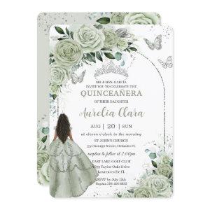Sage Green Floral Brown Girl Silver Quinceañera