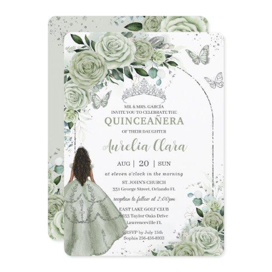 Sage Green Floral Brown Girl Silver Quinceañera
